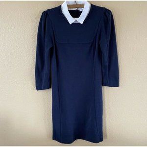 Sandro Navy Blue Shirt Dress White Peter Pan Collar Mod Retro Long Sleeve